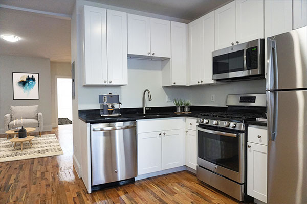 Kitchen and living room at 39 Bradley